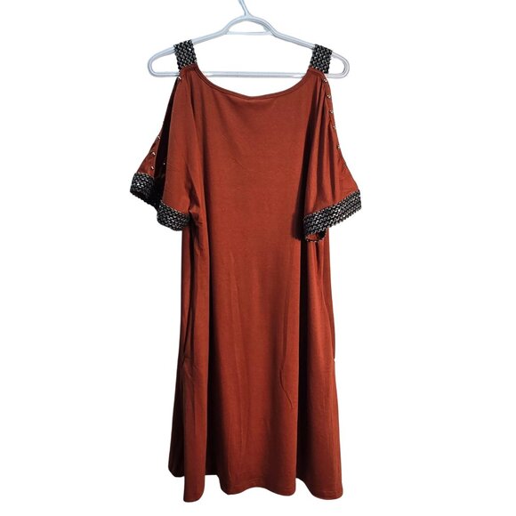 NWT | Kipfall | Burnt Orange Sequin Trim Cold Shoulder Open Arm Dress with Pocke - Picture 3 of 6